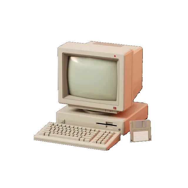 Low-poly desktop computer and floppy disk