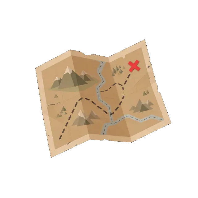 Folded paper map with a dashed trail