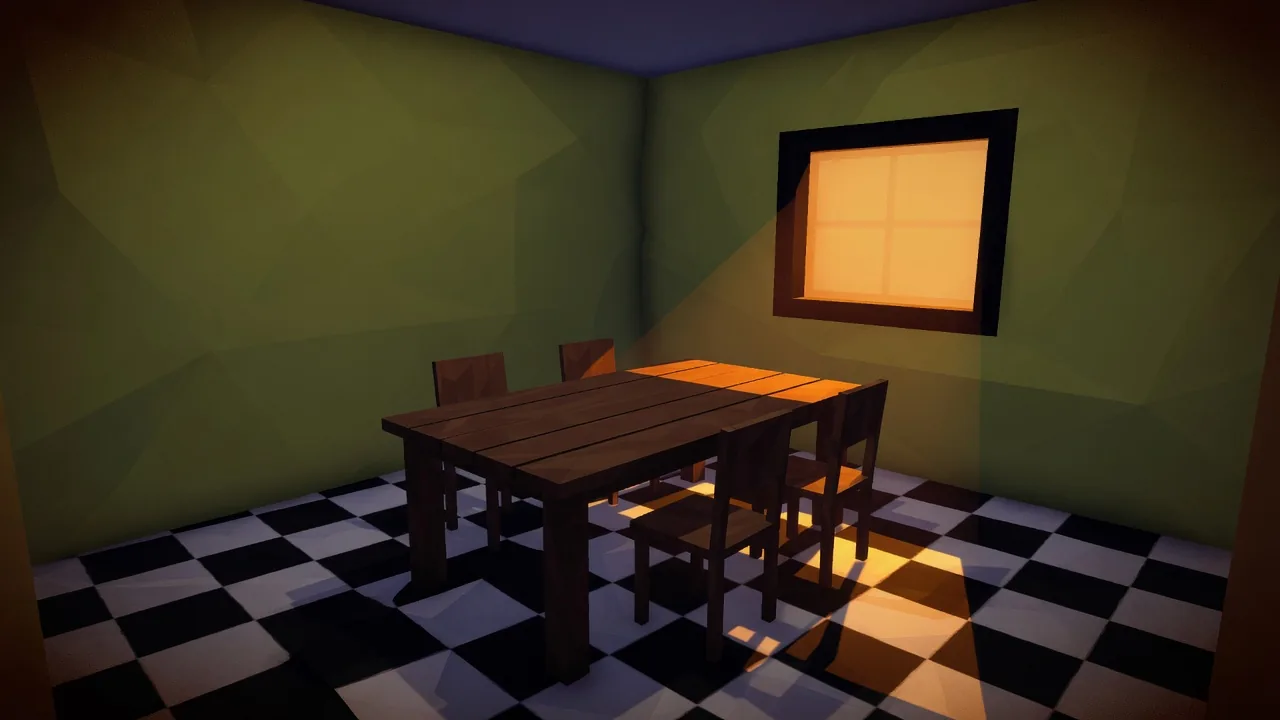 The Masterplan 2026 itch.io horror game guide: original low-poly dining-room illustration, not a gameplay screenshot